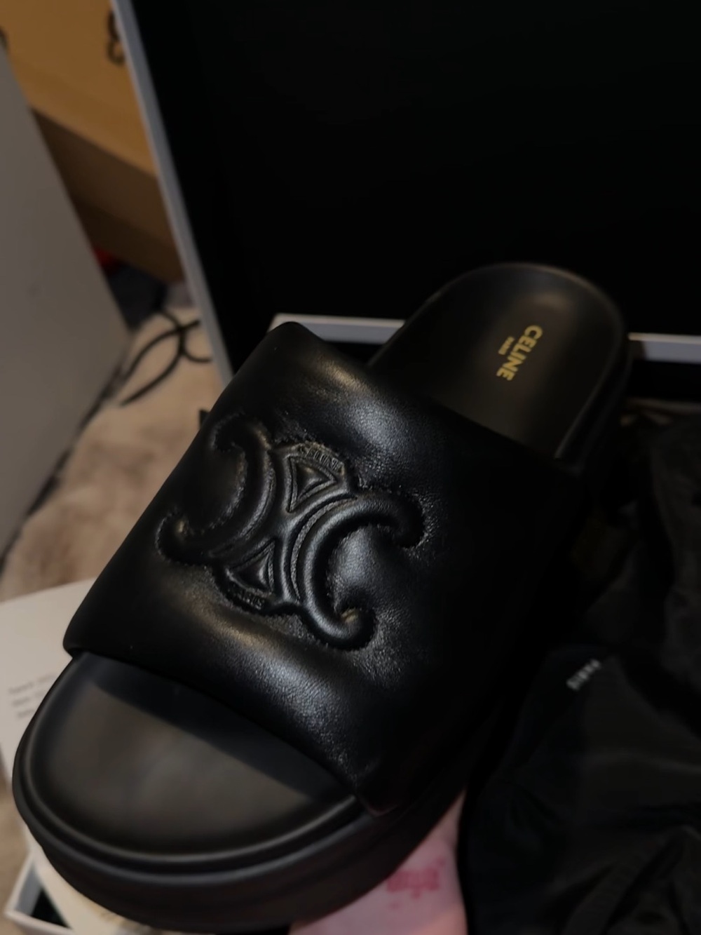 Celine Black Leather Slide Sandals